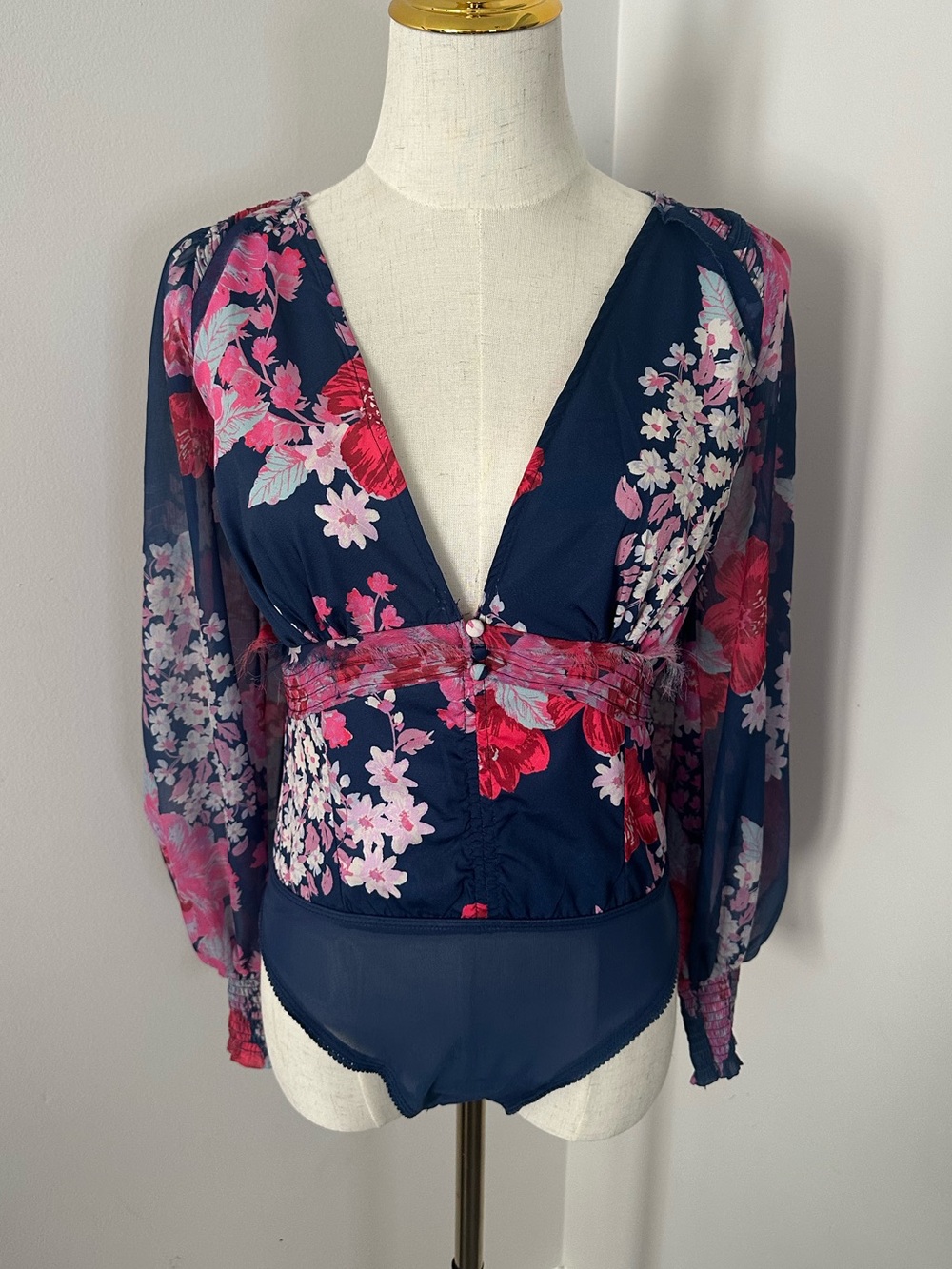 Free People Floral Pink and Navy Smocked Bodysuit-S